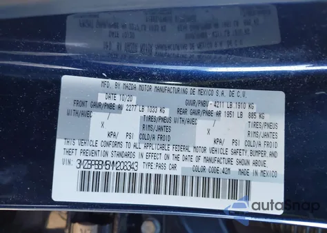 2021 Mazda Mazda3 Select из США, поврежденный, VIN 3MZBPBBM5MM208343